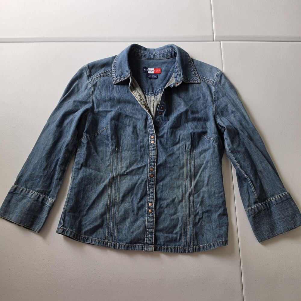 Y2K French Cuff Button Up Shirt Womens Small Blue Denim Collared 3/4 Sleeve Top